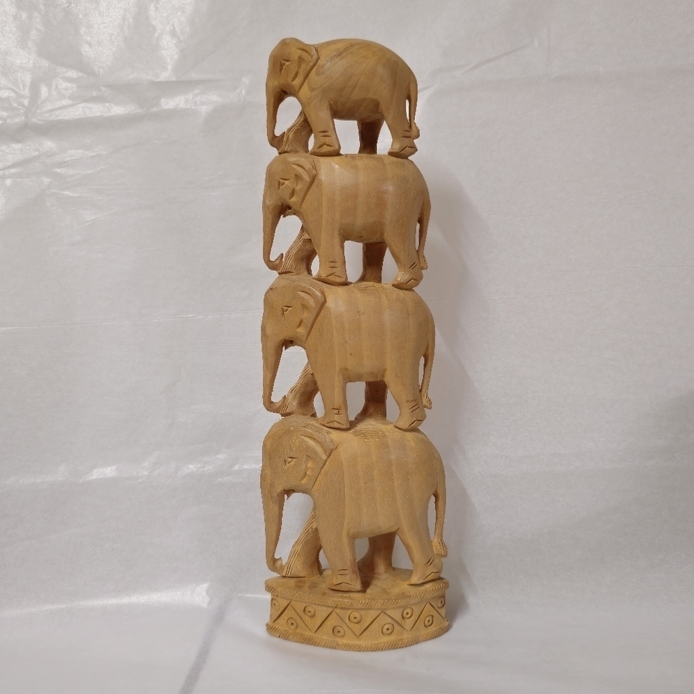 Wooden 4 Stack Elephants Figurine Sculpture, Handmade